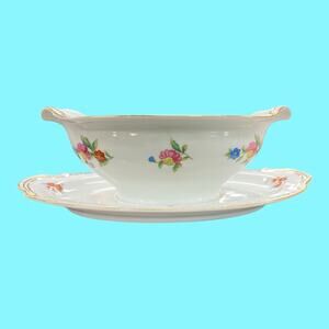 Vtg Noritake China Dresdlina Gravy Boat Attached Plate Hand Painted Retired
